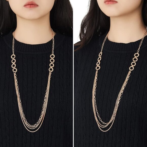 Layered Long Necklaces for Women Crystal Beaded Statement Necklace Sweater Silve - Picture 3 of 5